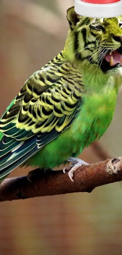 Festive parrot with tiger stripes wearing a Santa hat on a branch.