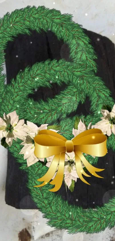 Green wreath with gold ribbon and white flowers on a black background.