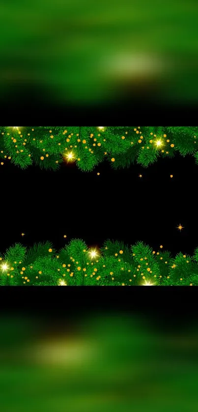 Festive greenery mobile wallpaper with golden lights.