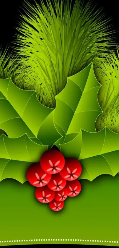 Festive green holly leaves and red berries wallpaper.