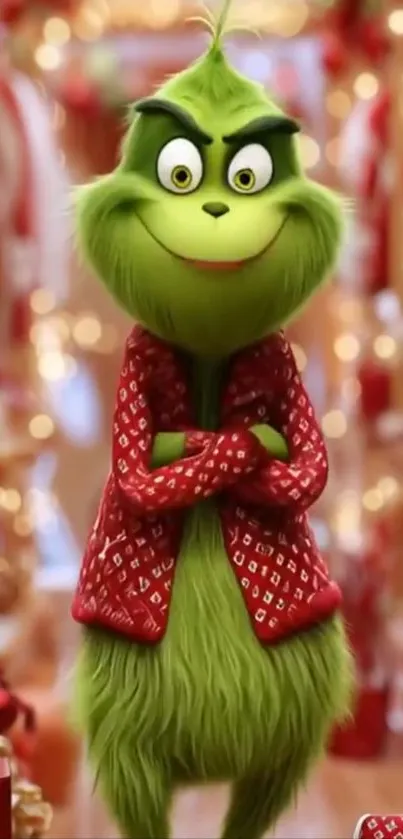 Festive Grinch cartoon in red coat