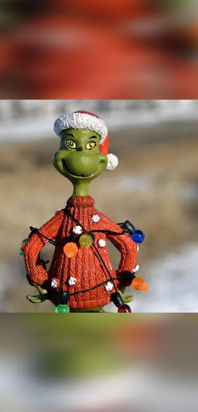 Grinch with Christmas lights and sweater in a festive holiday setting.