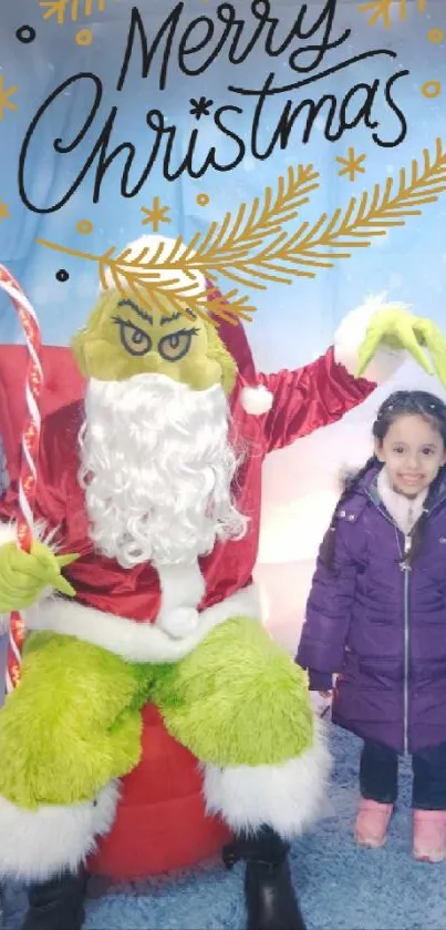 Grinch in Santa costume with a child smiling at Christmas.