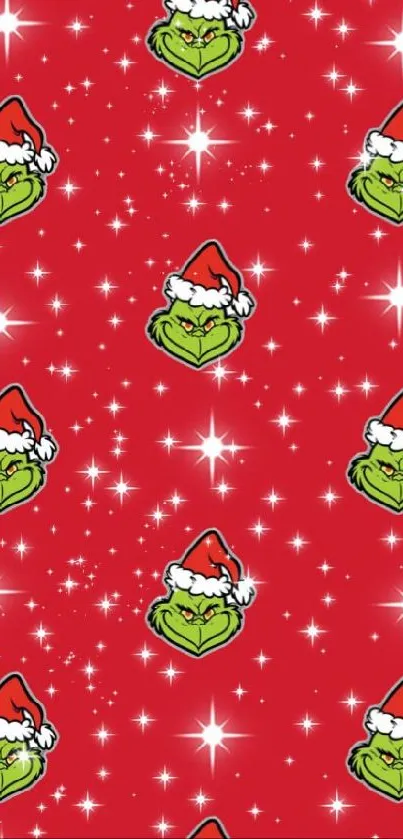 Red Christmas wallpaper with Grinch and stars.