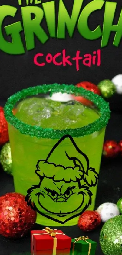 Grinch cocktail with holiday decorations and gifts.