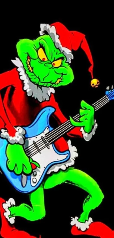 Festive Grinch playing guitar in vibrant colors.