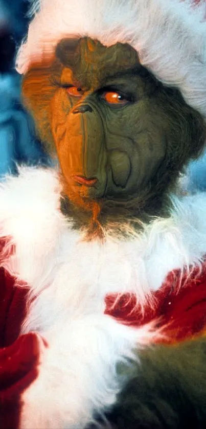 Grinch in festive attire with Santa hat background.