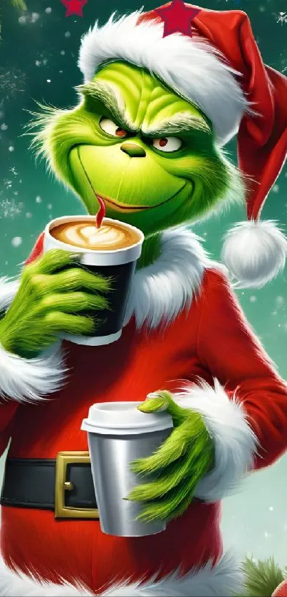 Grinch in Santa outfit holding coffee cups