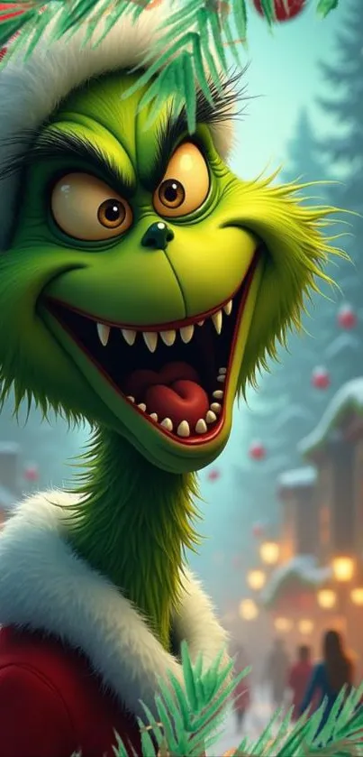 The Grinch smiling in a festive holiday scene.