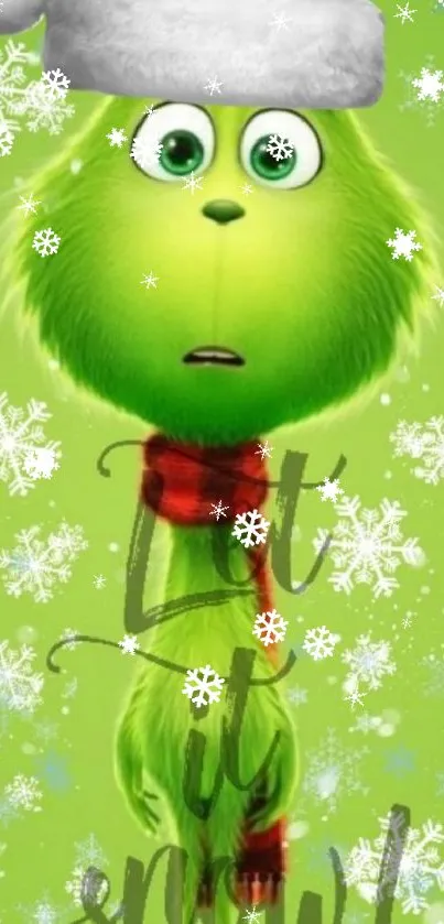 Festive Grinch mobile wallpaper with Santa hat and snowflakes.