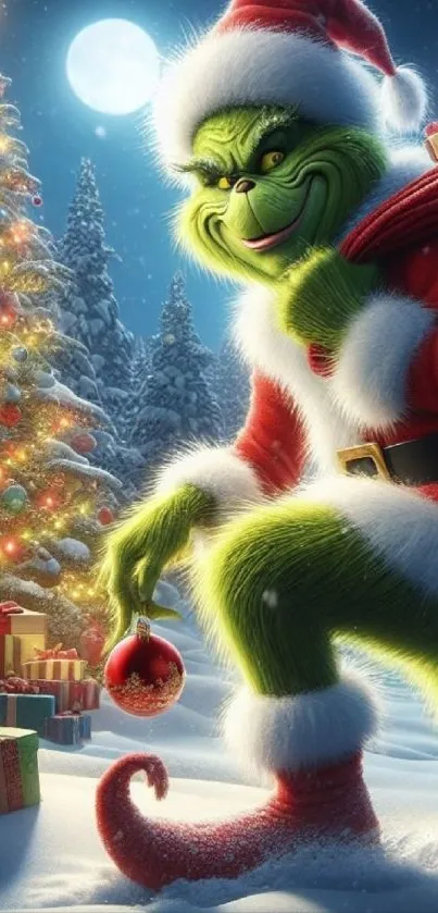 Grinch in Santa suit with Christmas tree and gifts, festive holiday scene.