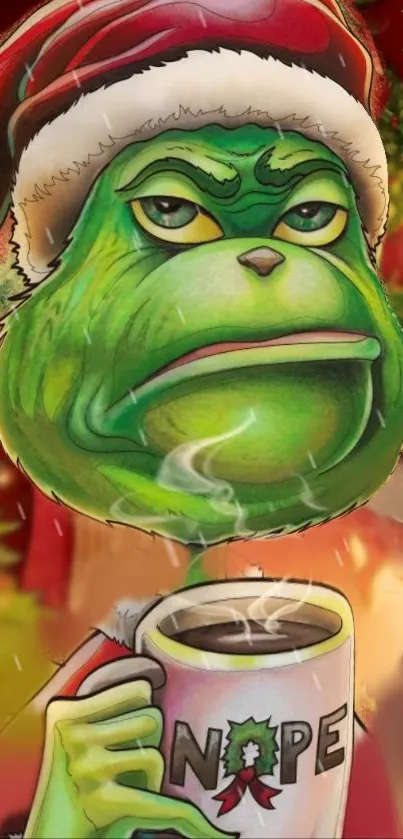 Grinch wearing a Santa hat holds a mug labeled 'Nope' against a festive background.