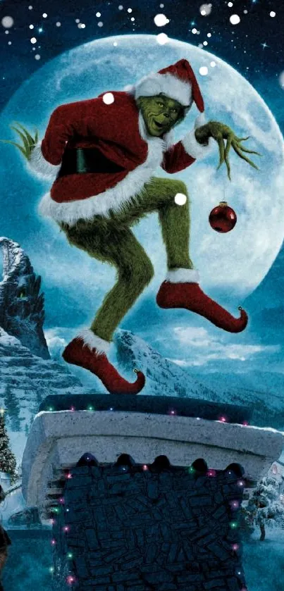 Grinch in Santa suit on snowy rooftop under full moon.