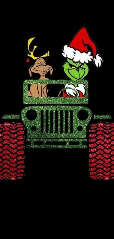 Grinch and dog in Jeep with Christmas lights.