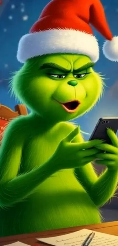 Green cartoon character with Santa hat and phone.