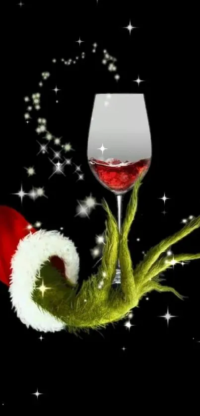 The Grinch's hand holds a wine glass on a black background.