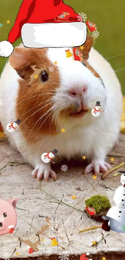 Guinea pig in Santa hat surrounded by autumn leaves on a tree stump.