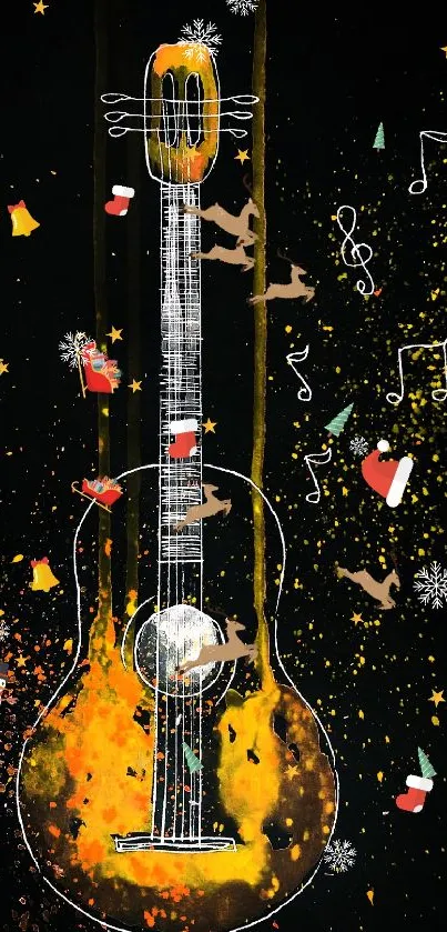 Guitar holiday artwork with music notes and festive decorations on a dark background.