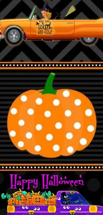 Halloween wallpaper with polka dot pumpkin and festive car design.