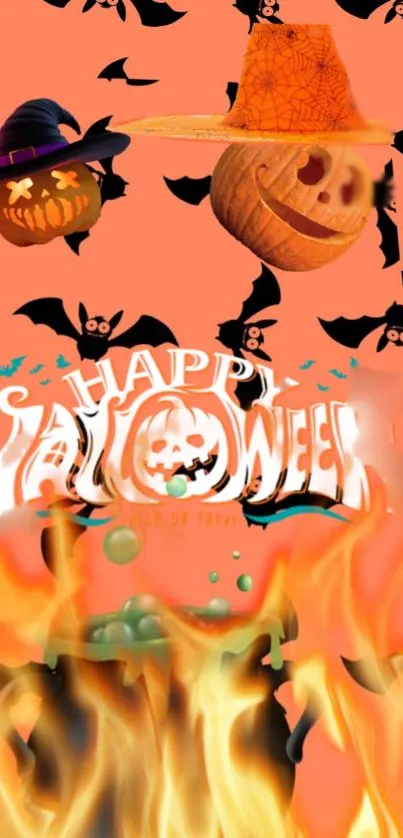 Halloween wallpaper with pumpkins, bats, flames, and orange background.