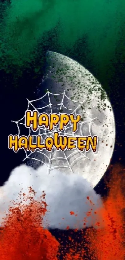 Spooky Halloween wallpaper with moon, smoke, and 'Happy Halloween' text.