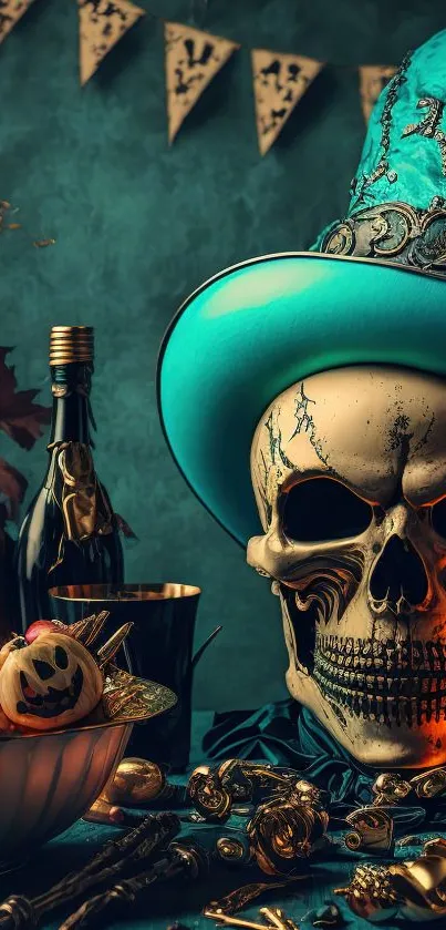 Detailed skull with festive Halloween decor in teal background.