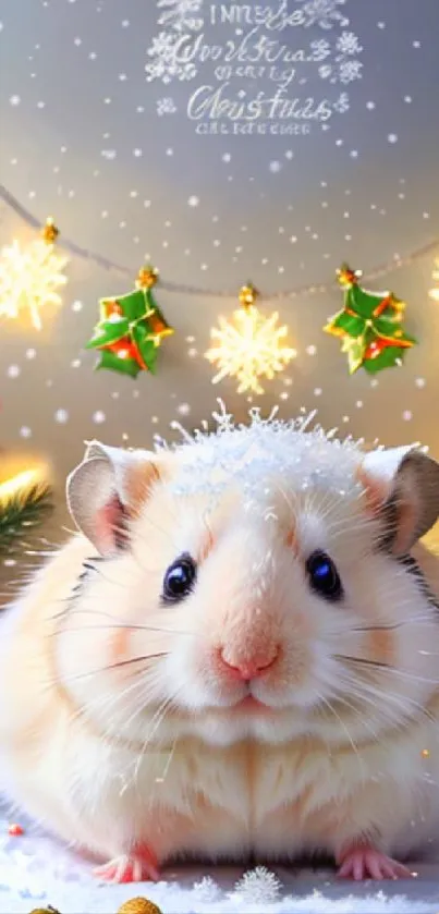 Cute hamster with Christmas decorations in vivid holiday theme.