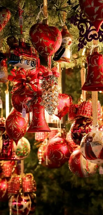 Colorful hanging decorations with festive red and gold ornaments.