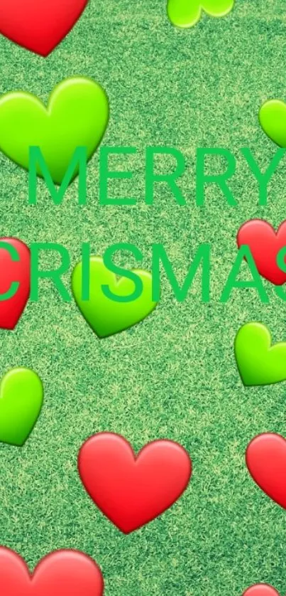 Festive wallpaper with red and green hearts.