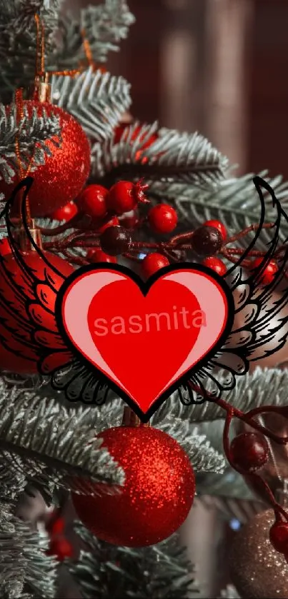 Christmas tree wallpaper with heart and ornaments.