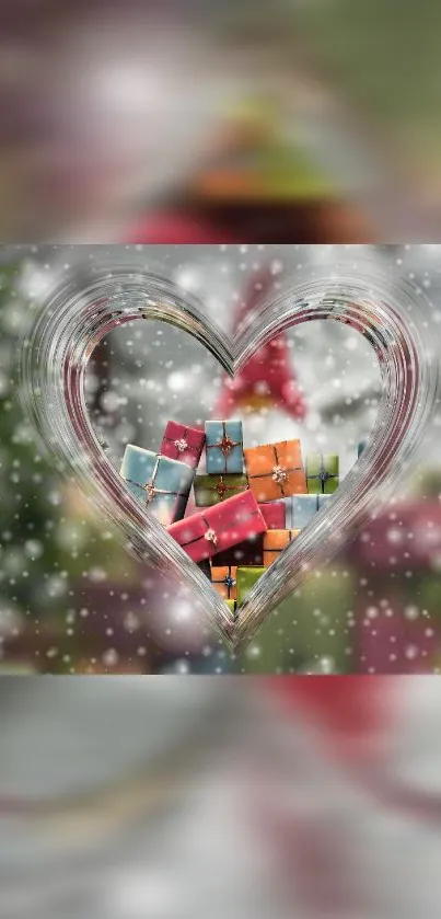 Festive heart-shaped gift display with colorful presents and snow.