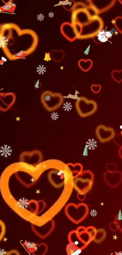 Festive wallpaper with hearts and Christmas motifs on a red background.