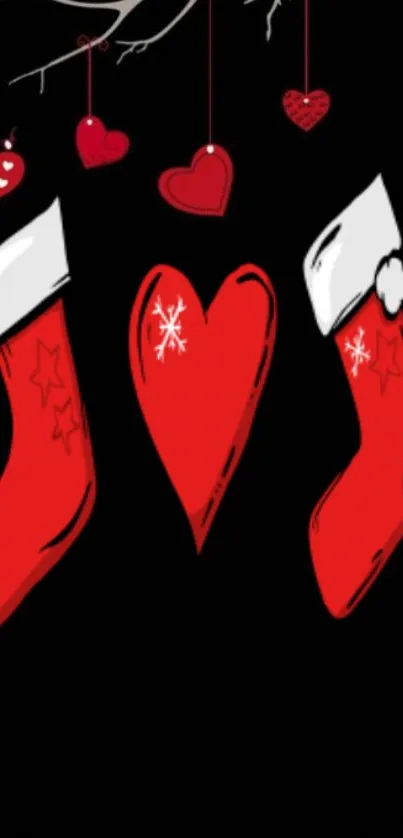 Red hearts and stockings on black festive wallpaper.