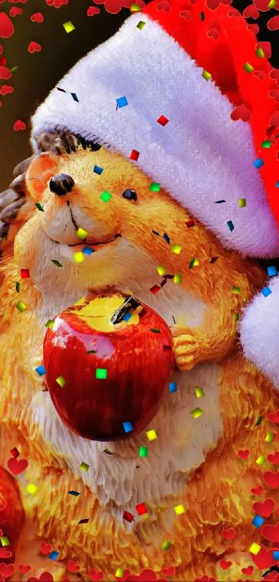 Cute hedgehog with Santa hat and apples in holiday wallpaper.