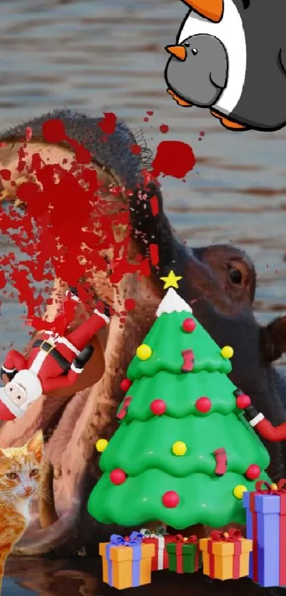 Hippo with Christmas tree and animals in water, playful festive theme.