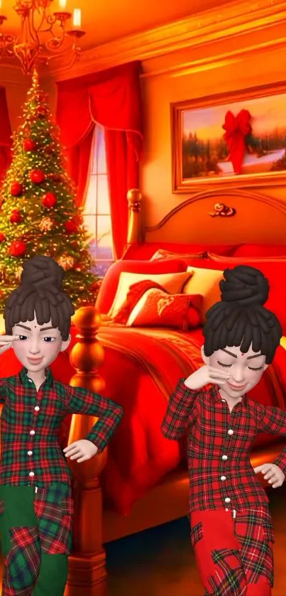 Cozy Christmas bedroom with red plaid pj's.