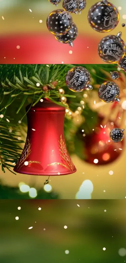 Festive wallpaper with red bell and ornaments.