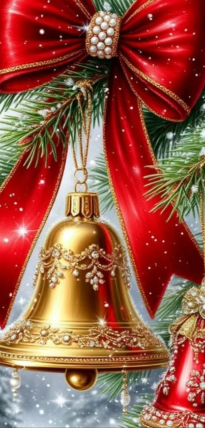 Festive holiday wallpaper with gold bells and red ribbon.