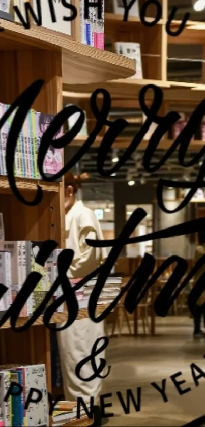 Merry Christmas message on a bookstore background.