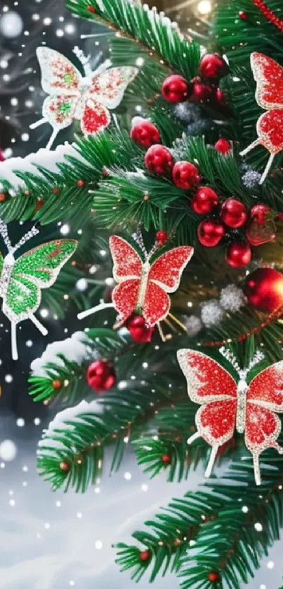 Festive wallpaper featuring butterflies on a Christmas tree with snow and decorations.