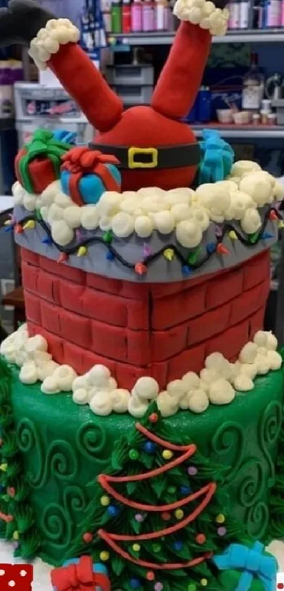 Festive cake featuring Santa's legs in a chimney with holiday decorations.