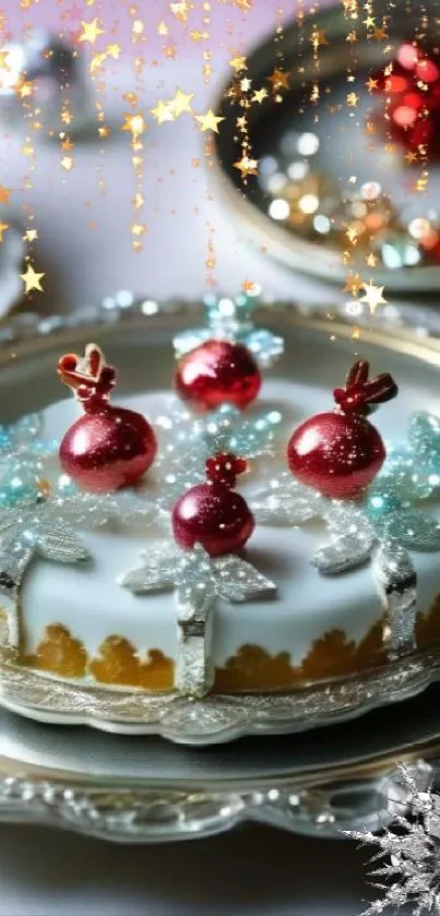 Festive holiday cake with red ornaments on a decorative silver plate.