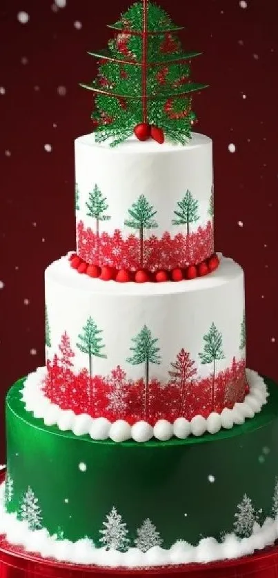 Festive holiday cake with tiers and Christmas decorations.