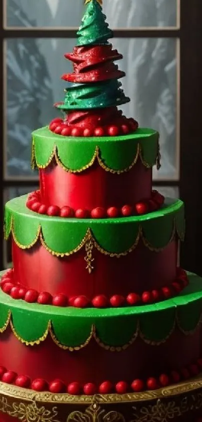 Festive Christmas cake with tree decoration and vibrant colors.