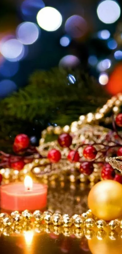 Festive holiday scene with candle and decorations.