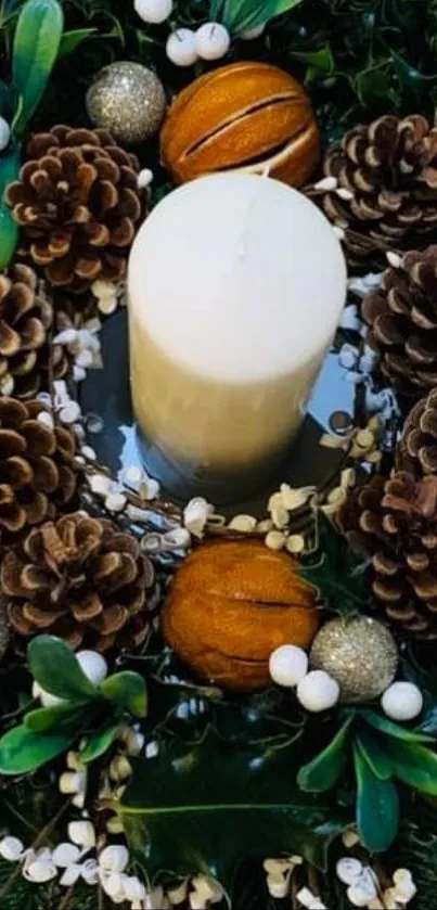 Festive holiday wreath with candle centerpiece surrounded by greenery and pinecones.