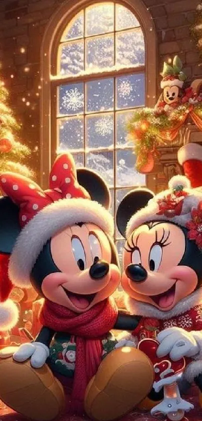Festive cartoon Christmas scene with decorations and a cozy fireplace.