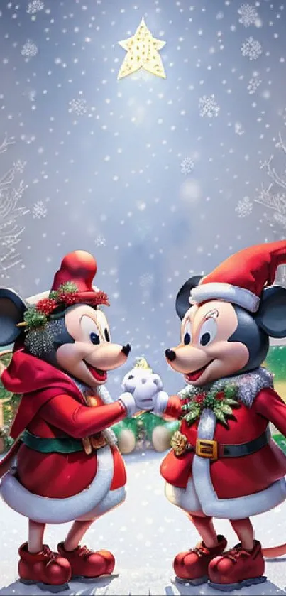 Two cartoon characters in Santa outfits in a snowy festive scene.