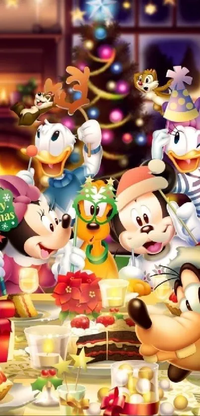 Festive cartoon characters celebrating Christmas with a decorated tree and gifts.