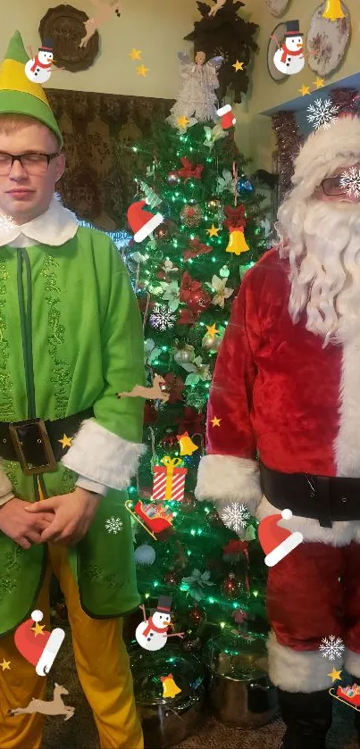 Santa and elf standing by a decorated Christmas tree in a cozy room.